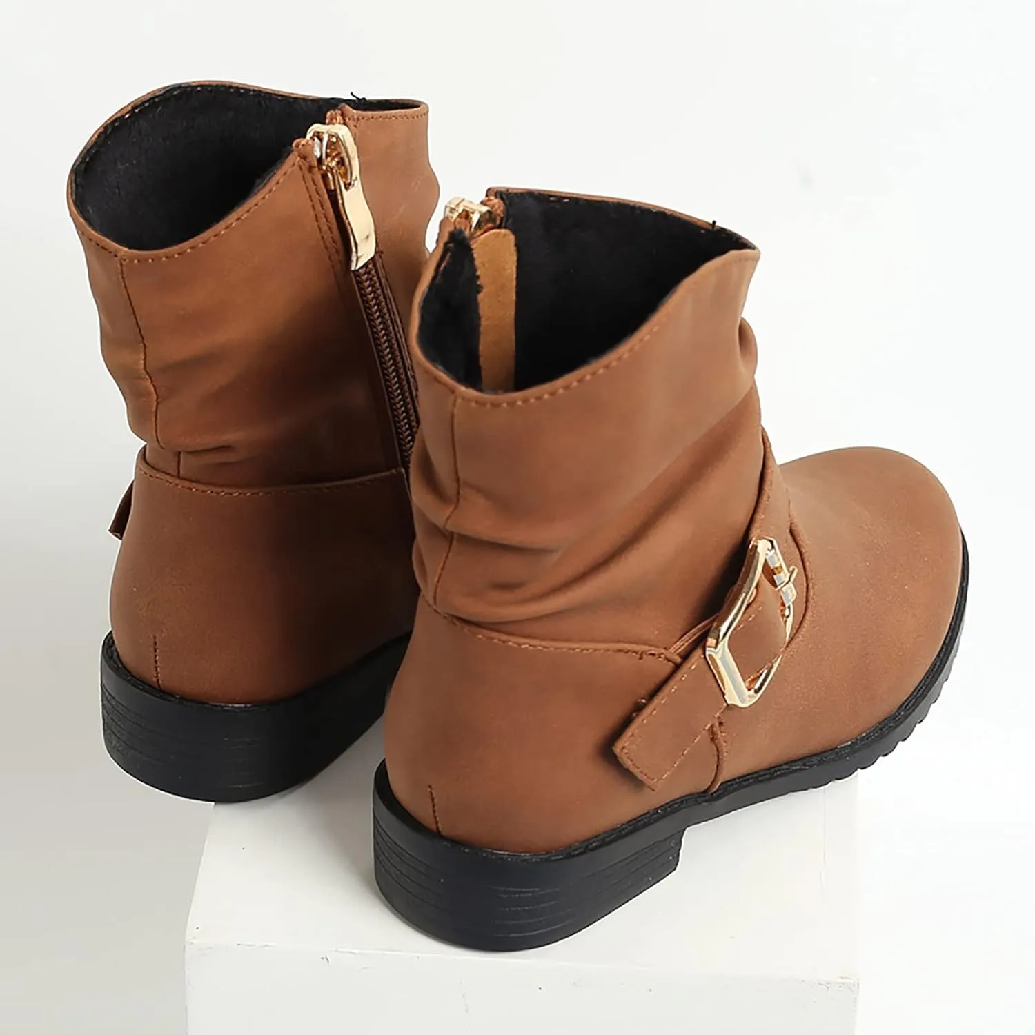Girls Ankle Boots Side Zipper Low Heel Cowgirl Boots Western Riding Boots Outdoor Warm Shoes for Little Kids/Big Kids