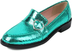 KISSASA Chunky Low Heel Buckle Flat Loafers Metallic Slip On Loafers