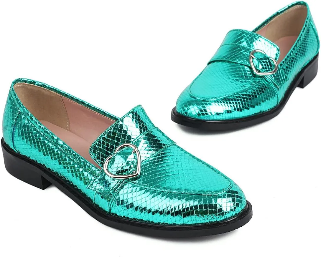 KISSASA Chunky Low Heel Buckle Flat Loafers Metallic Slip On Loafers
