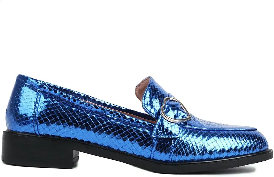 KISSASA Chunky Low Heel Buckle Flat Loafers Metallic Slip On Loafers