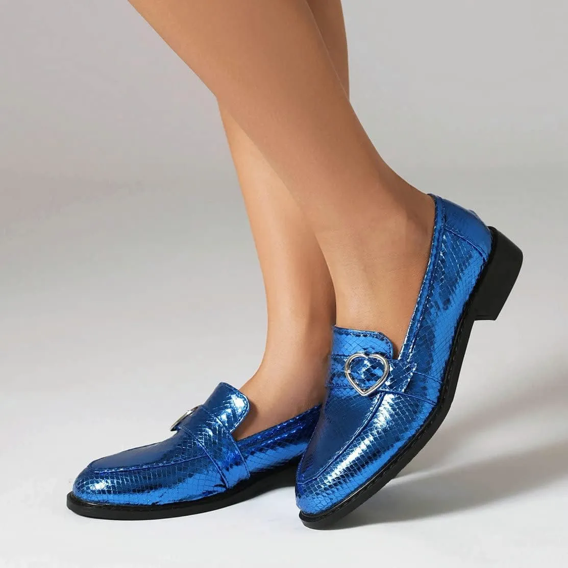 KISSASA Chunky Low Heel Buckle Flat Loafers Metallic Slip On Loafers