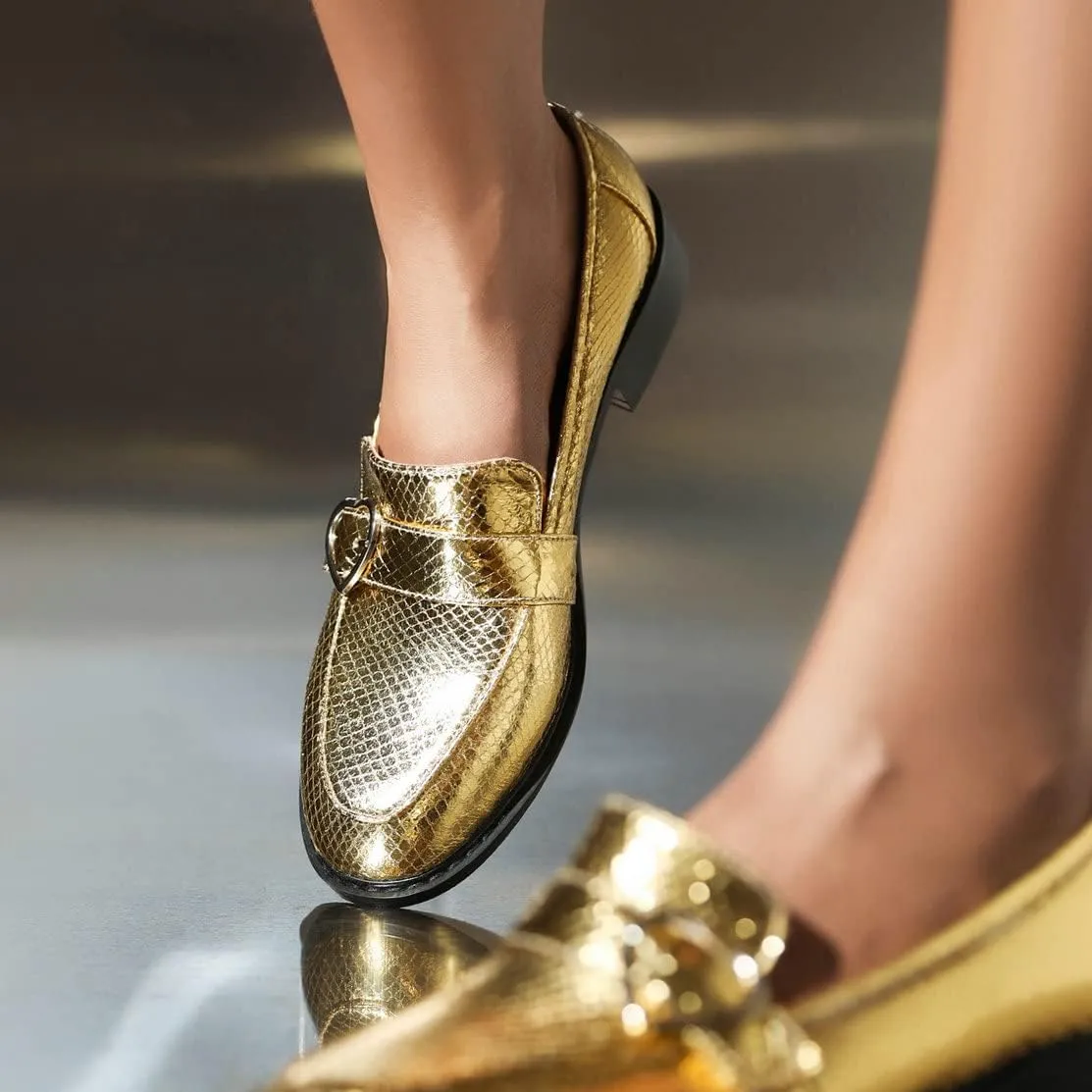 KISSASA Chunky Low Heel Buckle Flat Loafers Metallic Slip On Loafers
