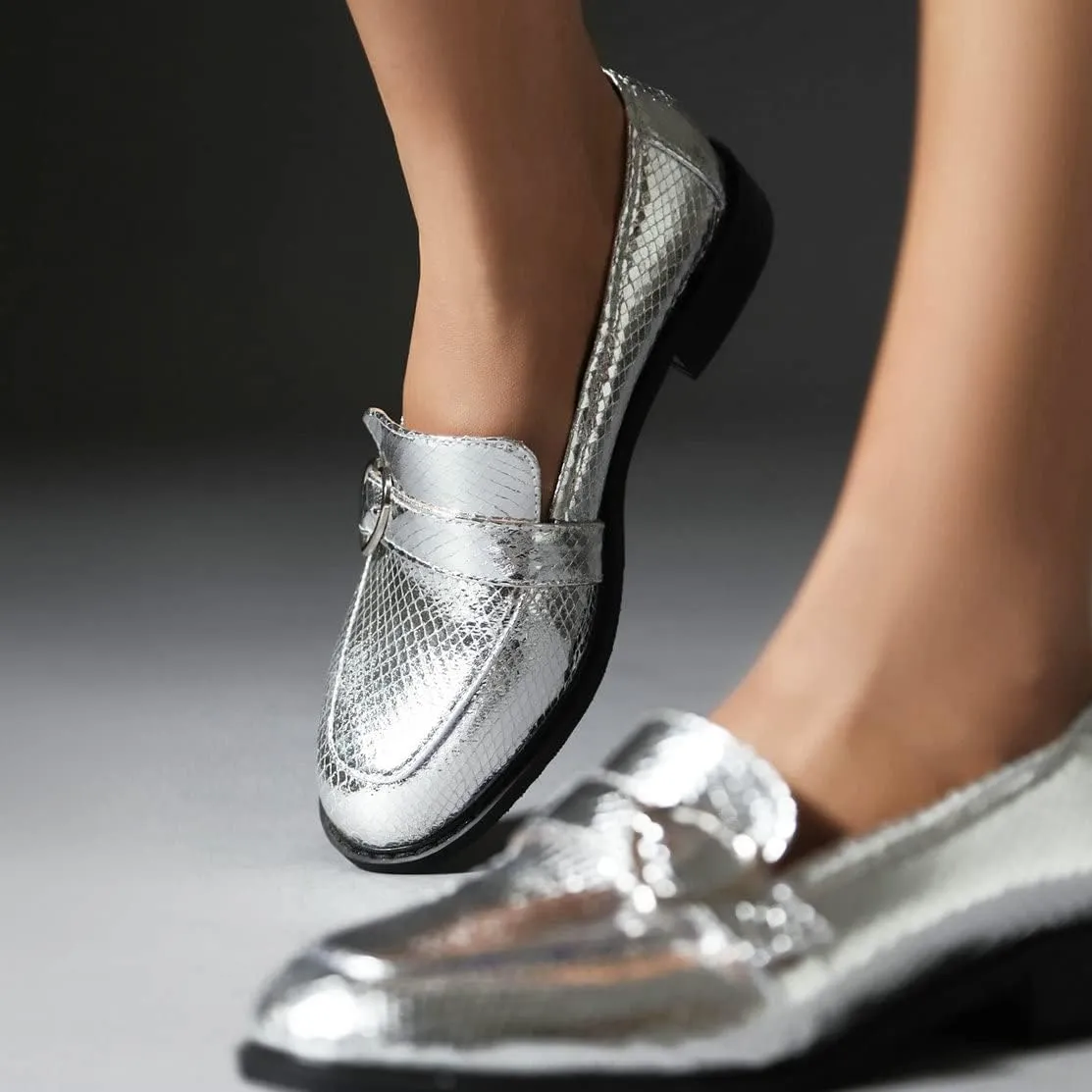 KISSASA Chunky Low Heel Buckle Flat Loafers Metallic Slip On Loafers