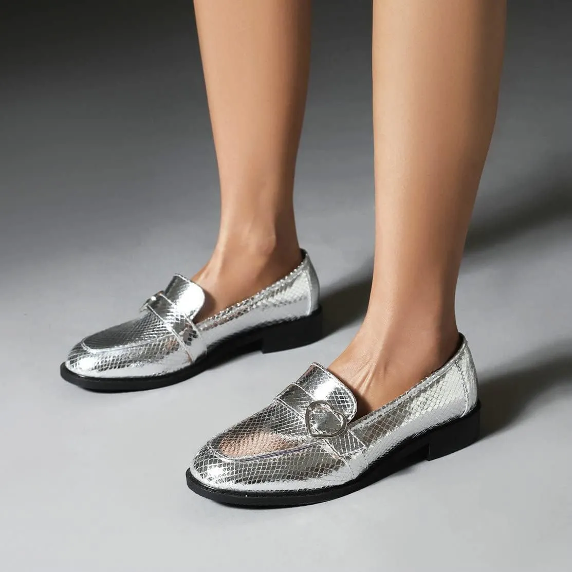 KISSASA Chunky Low Heel Buckle Flat Loafers Metallic Slip On Loafers