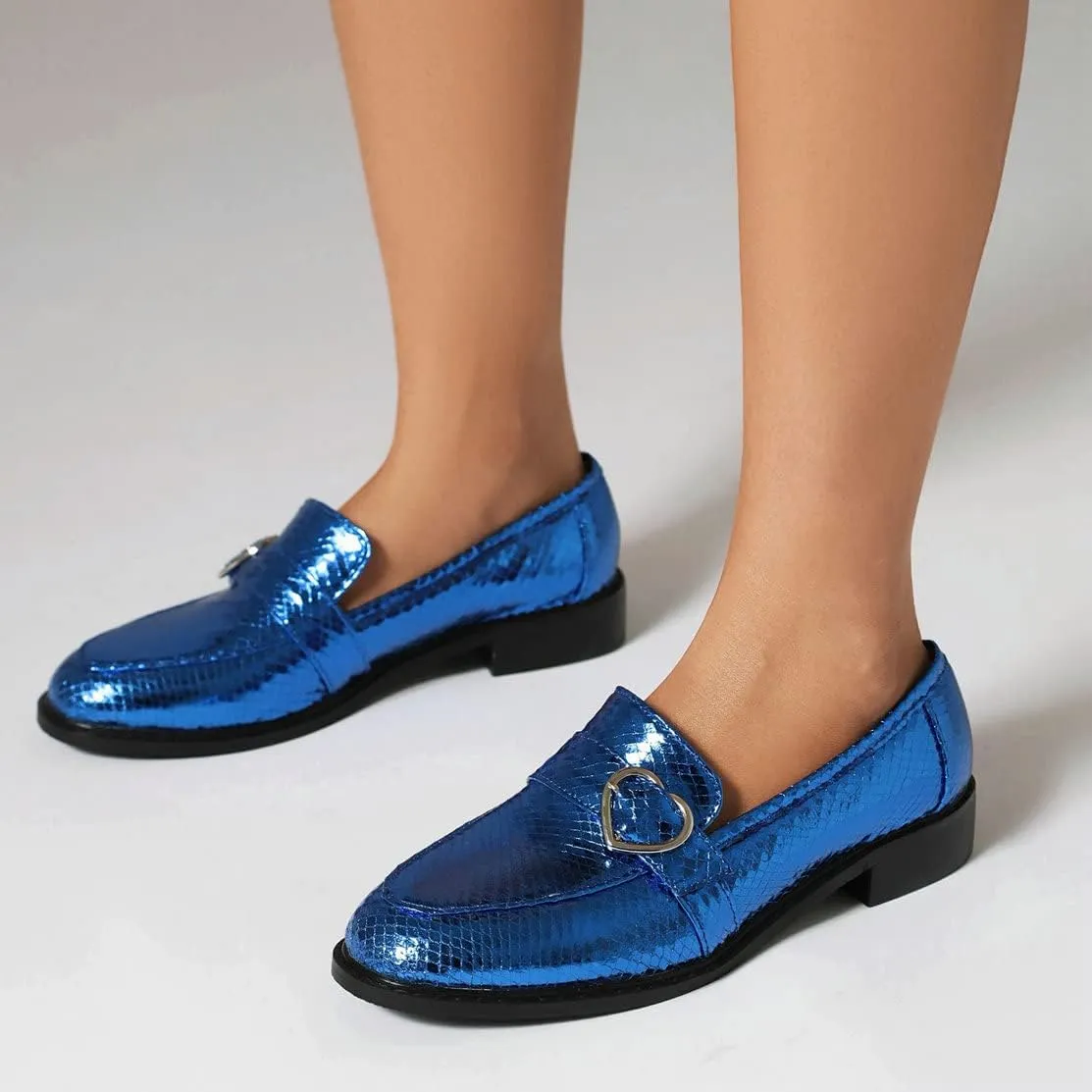 KISSASA Chunky Low Heel Buckle Flat Loafers Metallic Slip On Loafers