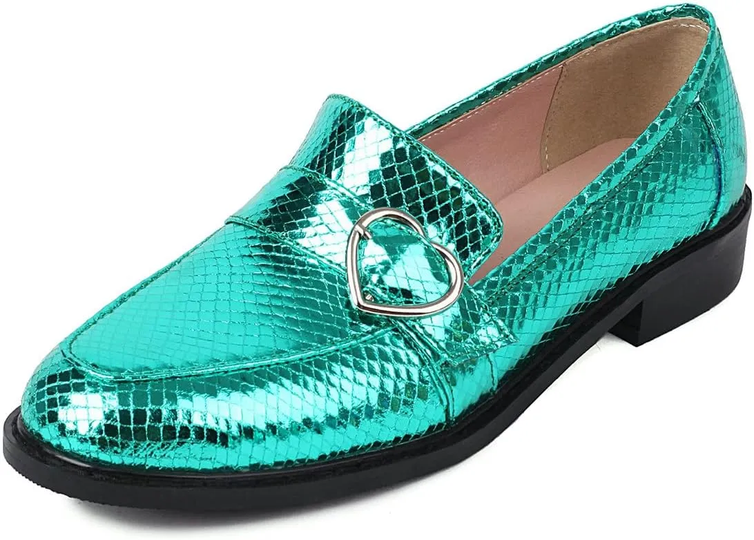KISSASA Chunky Low Heel Buckle Flat Loafers Metallic Slip On Loafers