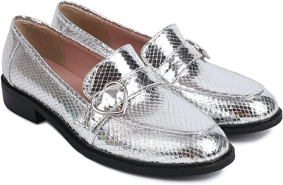 KISSASA Chunky Low Heel Buckle Flat Loafers Metallic Slip On Loafers