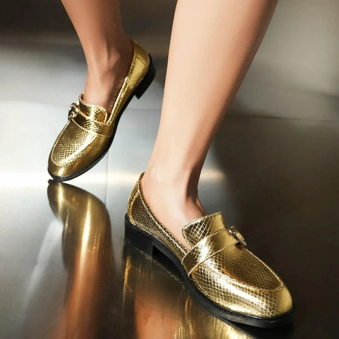 KISSASA Chunky Low Heel Buckle Flat Loafers Metallic Slip On Loafers