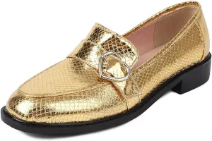 KISSASA Chunky Low Heel Buckle Flat Loafers Metallic Slip On Loafers