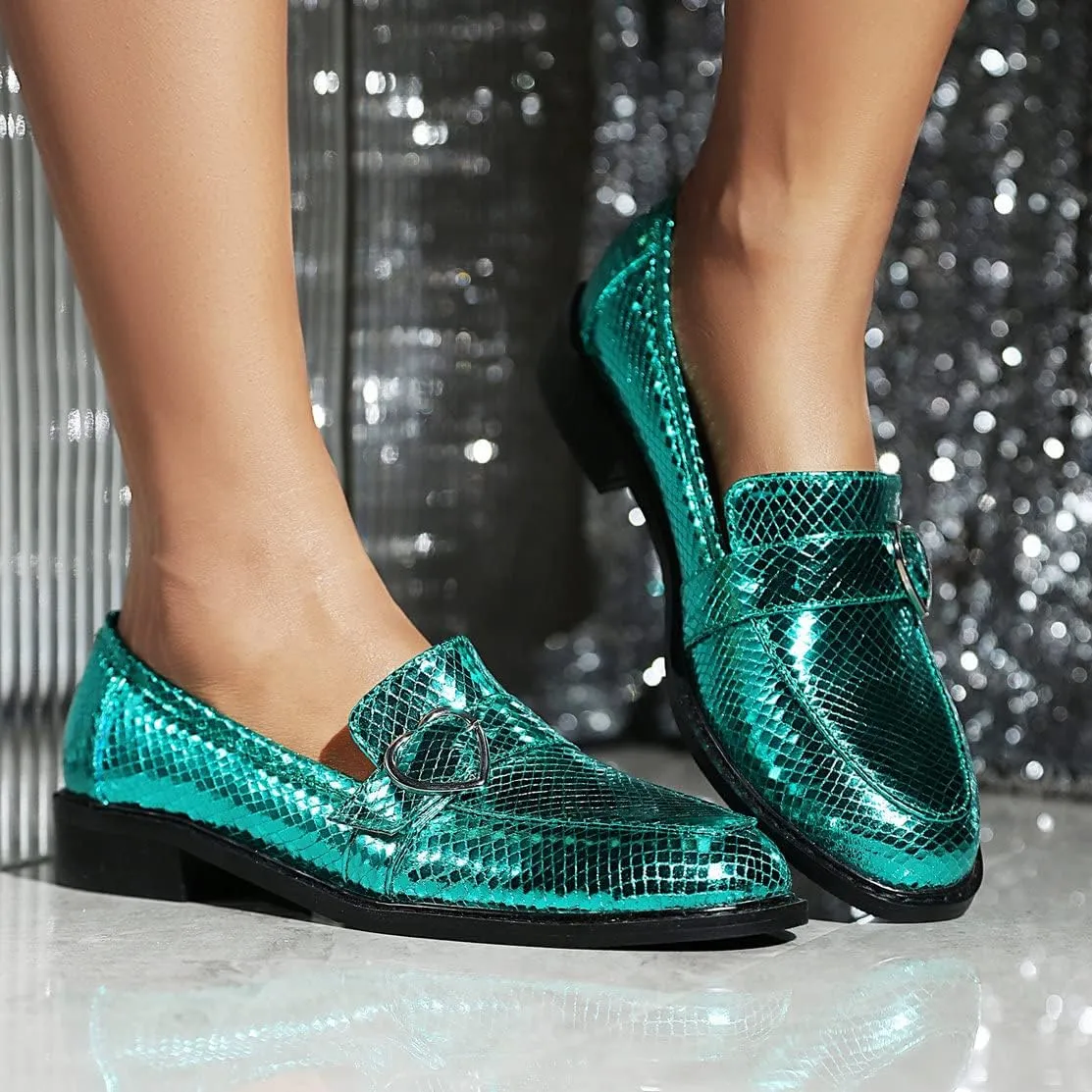 KISSASA Chunky Low Heel Buckle Flat Loafers Metallic Slip On Loafers
