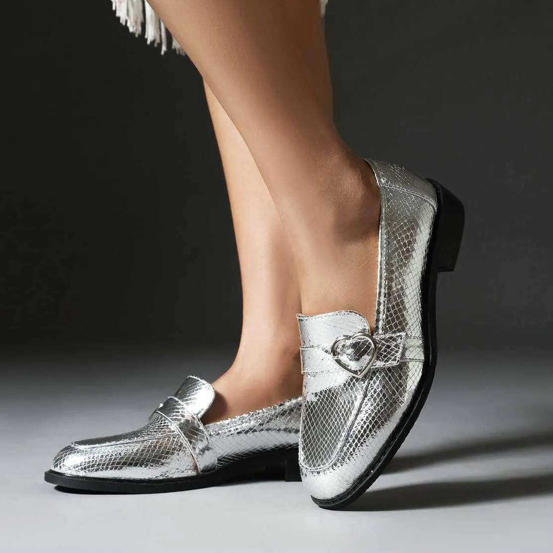 KISSASA Chunky Low Heel Buckle Flat Loafers Metallic Slip On Loafers