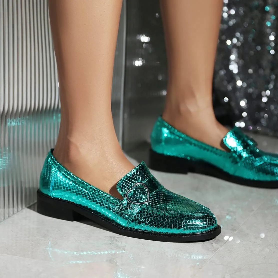 KISSASA Chunky Low Heel Buckle Flat Loafers Metallic Slip On Loafers
