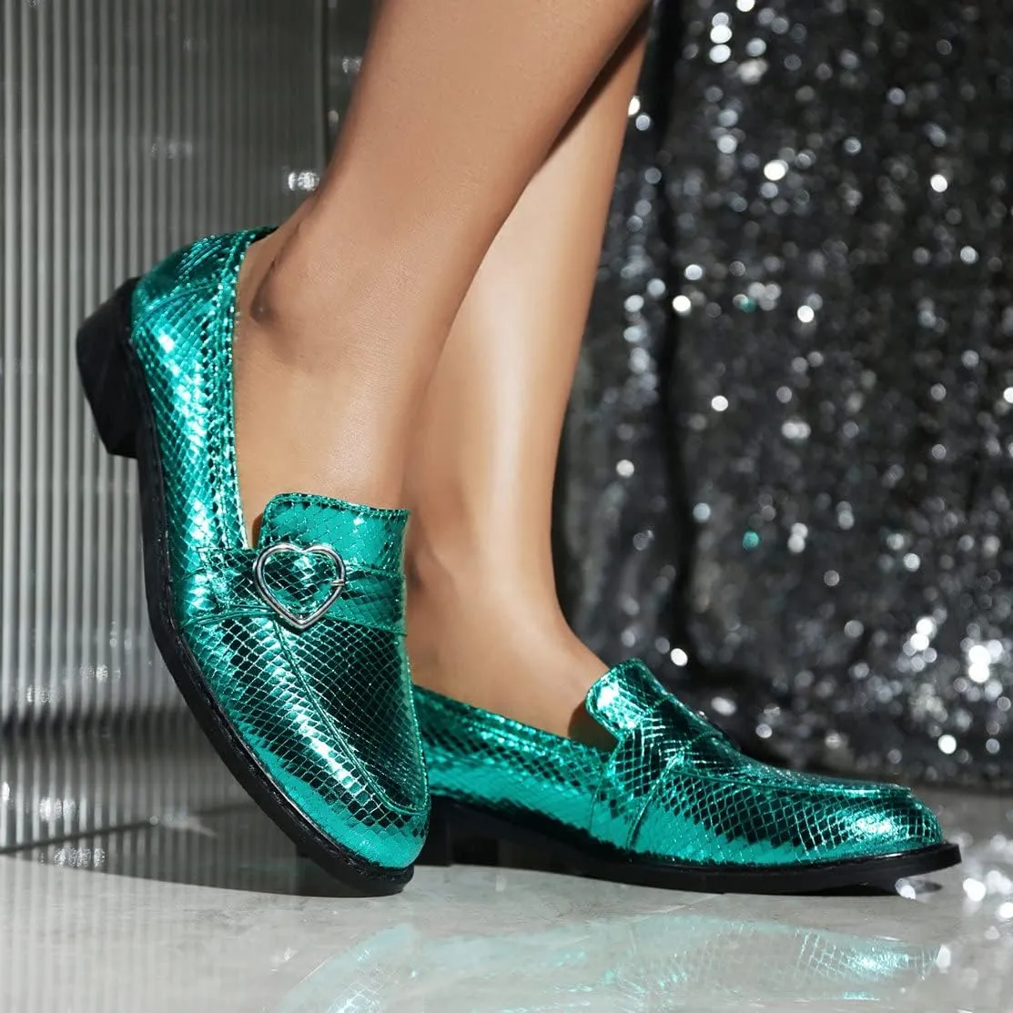 KISSASA Chunky Low Heel Buckle Flat Loafers Metallic Slip On Loafers
