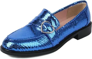 KISSASA Chunky Low Heel Buckle Flat Loafers Metallic Slip On Loafers