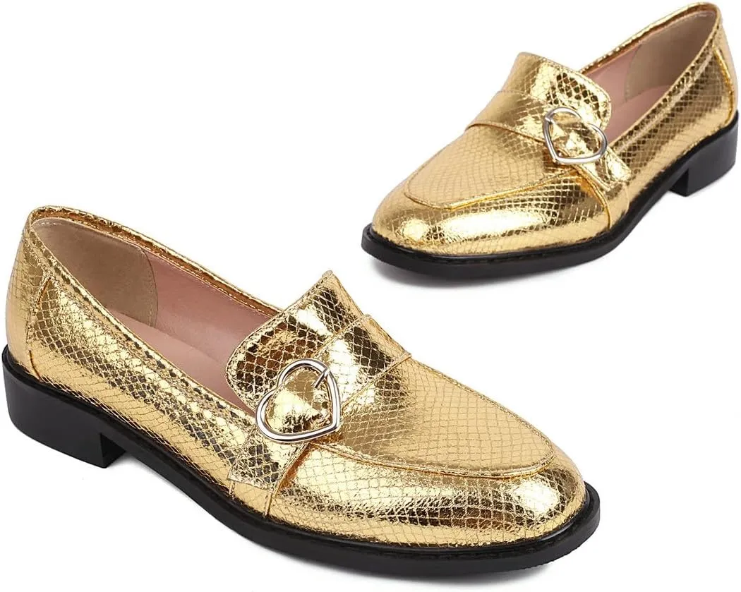 KISSASA Chunky Low Heel Buckle Flat Loafers Metallic Slip On Loafers