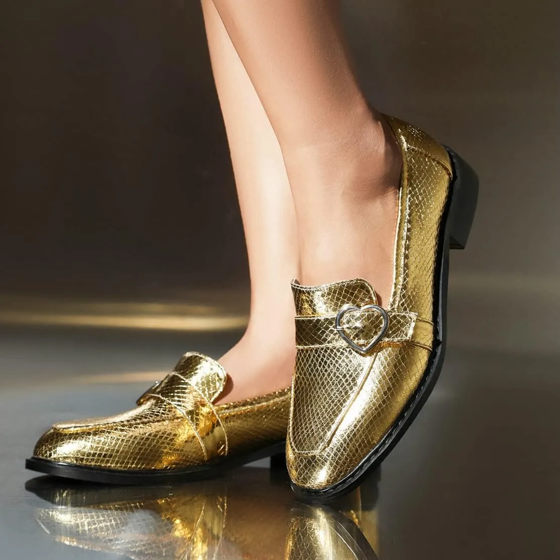 KISSASA Chunky Low Heel Buckle Flat Loafers Metallic Slip On Loafers
