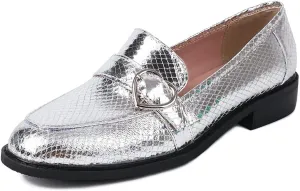 KISSASA Chunky Low Heel Buckle Flat Loafers Metallic Slip On Loafers