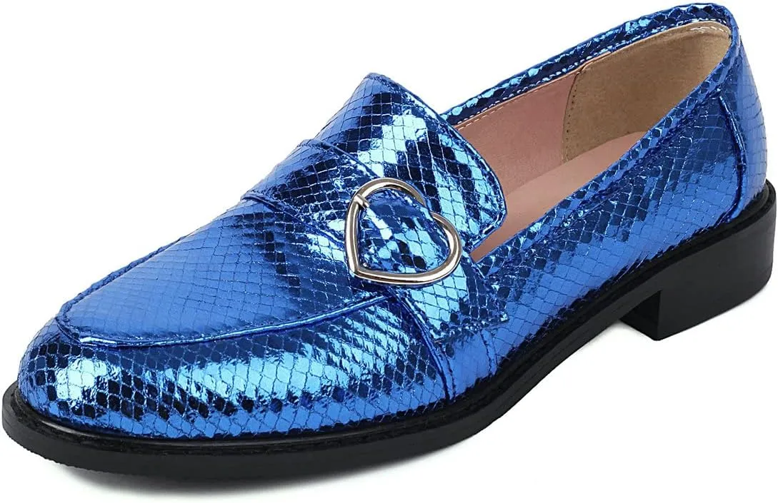 KISSASA Chunky Low Heel Buckle Flat Loafers Metallic Slip On Loafers