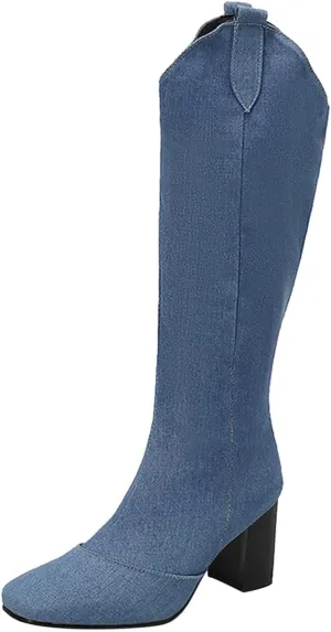 Ladies Cowboy Fashion Vintage Boots Pointed Toe Low Heel Side Zipper Knee Boots Knee High Boots 12w Women Wide Calf (Blue, 7)