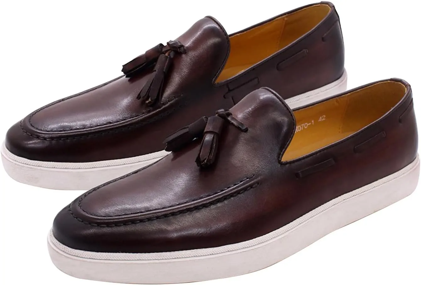 Mens Casual Shoes Tassel Loafers Slip On Dress Shoes Genunie Leather Flat Mocasines Fashion Business Modern Penny Loafers Comfortable Tuxedo Shoes for Men