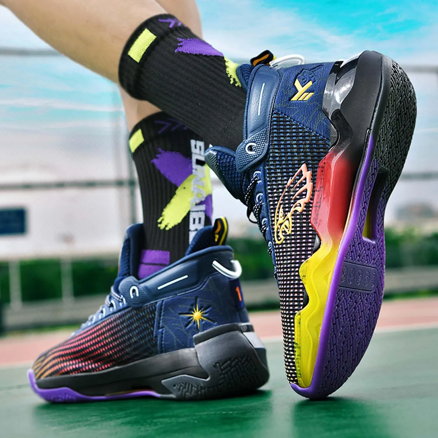 Men's Fluorescent Basketball Shoes Fashion Sneakers Indoor and Outdoor Basketball Game Training Shoes Women's Outdoor Fitness Running Shoes Men's High Top Basketball Shoes