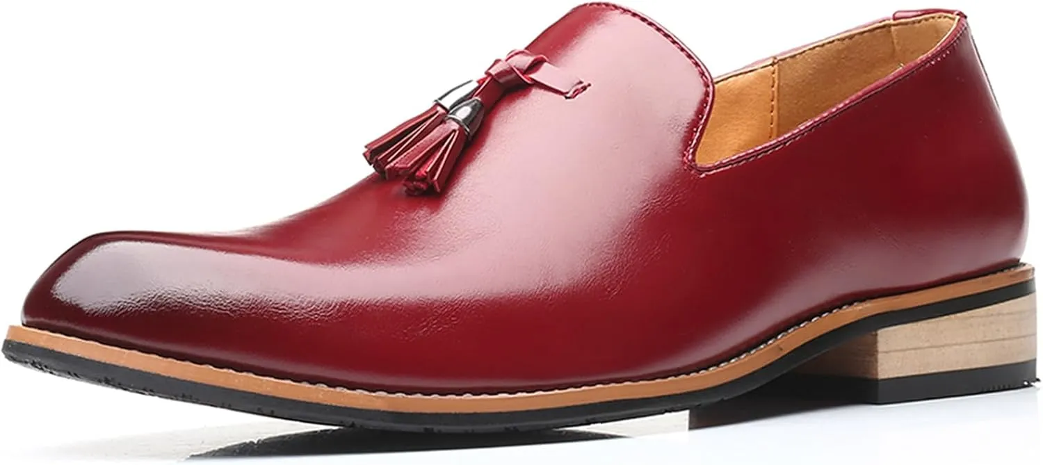 Men's Leather Slip On Tassel Loafers Classic Casual Non-Slip Low Heel Dress Shoes Formal Business Work Wedding Penny Loafers