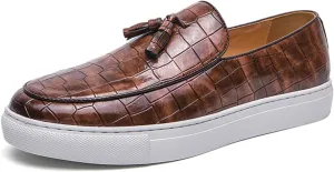 Men's Printed Leather Flat Tassel Loafers Fashion Round Toe Non-Slip Slip-On Penny Loafers Luxury Business Casual Shoes