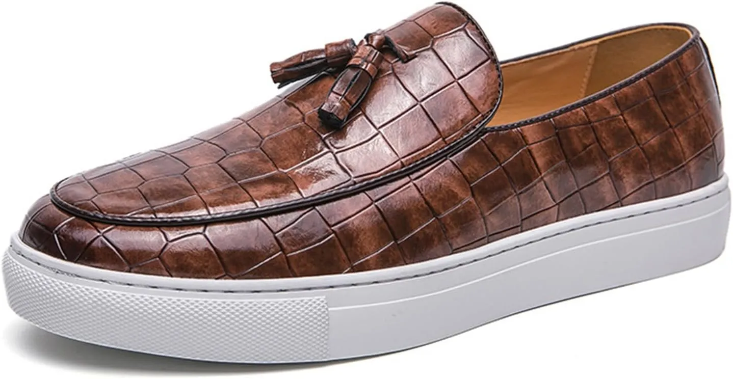 Men's Printed Leather Flat Tassel Loafers Fashion Round Toe Non-Slip Slip-On Penny Loafers Luxury Business Casual Shoes