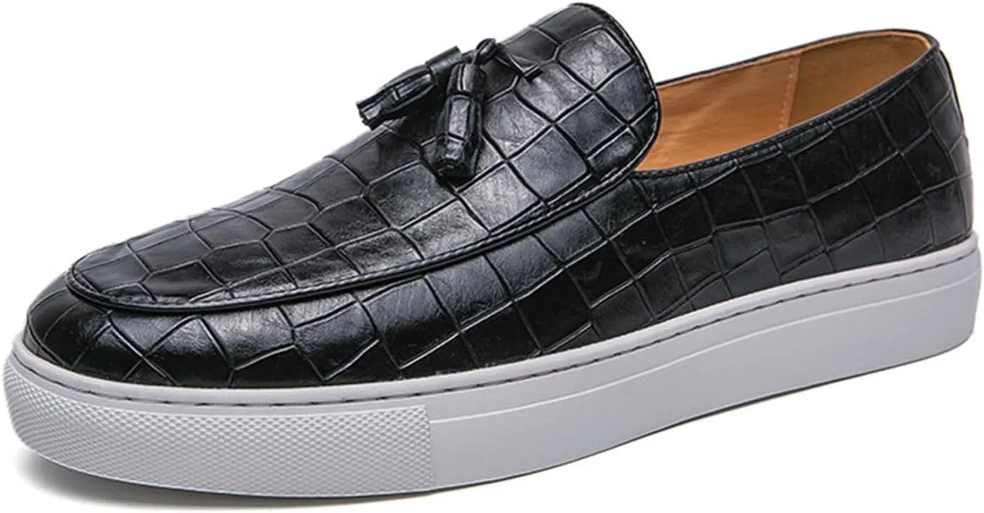 Men's Printed Leather Flat Tassel Loafers Fashion Round Toe Non-Slip Slip-On Penny Loafers Luxury Business Casual Shoes