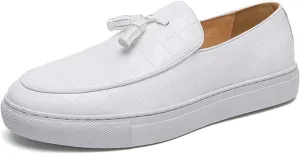 Men's Printed Leather Flat Tassel Loafers Fashion Round Toe Non-Slip Slip-On Penny Loafers Luxury Business Casual Shoes
