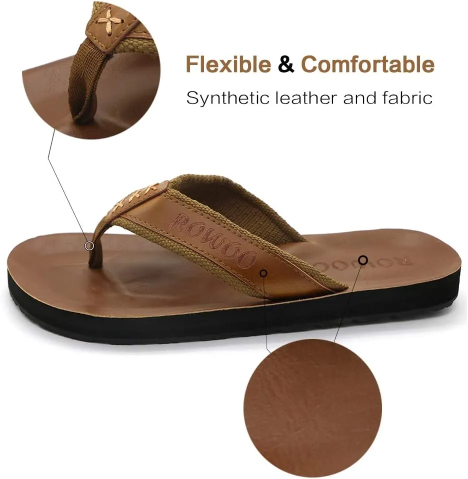 Men's PU Leather Flip Flops - Slip on Casual Thong Sandals