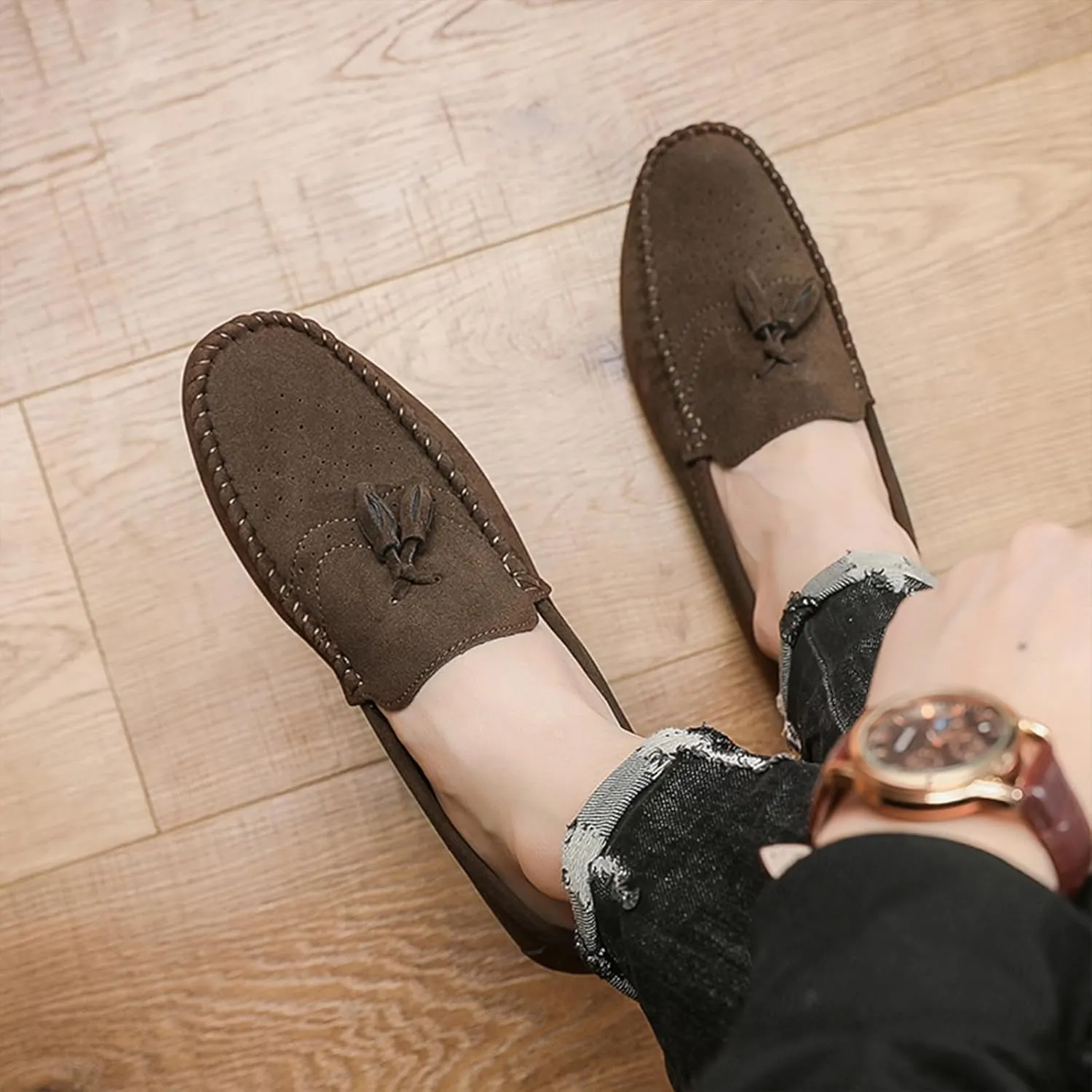 Men's Suede Flat Tassel Loafers Breathable Comfortable Slip On Business Dress Moccasins Casual Driving Walking Penny Loafers