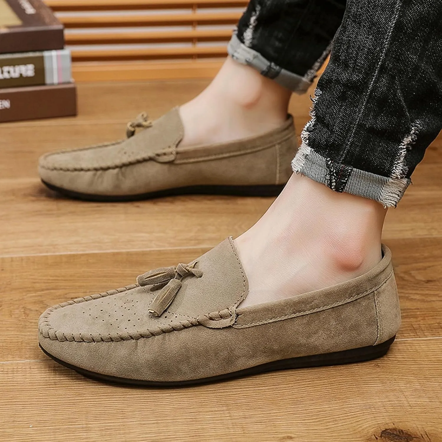 Men's Suede Flat Tassel Loafers Breathable Comfortable Slip On Business Dress Moccasins Casual Driving Walking Penny Loafers
