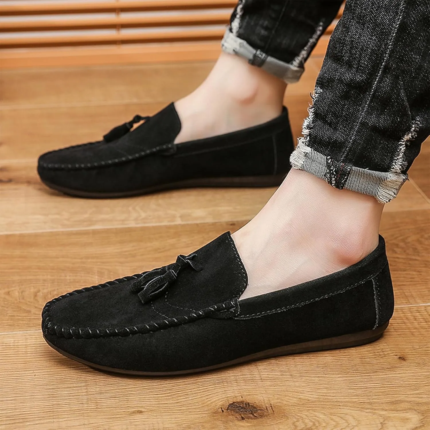 Men's Suede Flat Tassel Loafers Breathable Comfortable Slip On Business Dress Moccasins Casual Driving Walking Penny Loafers