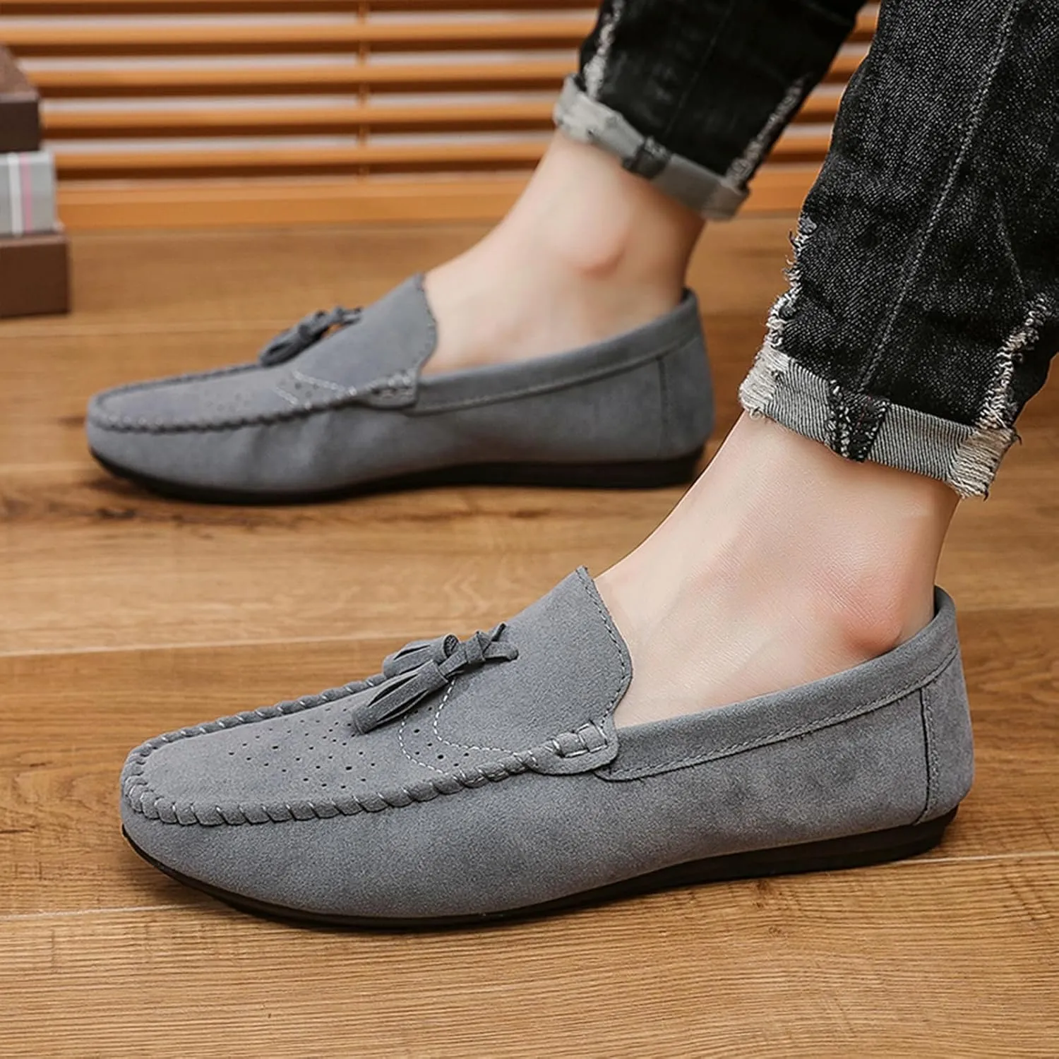 Men's Suede Flat Tassel Loafers Breathable Comfortable Slip On Business Dress Moccasins Casual Driving Walking Penny Loafers