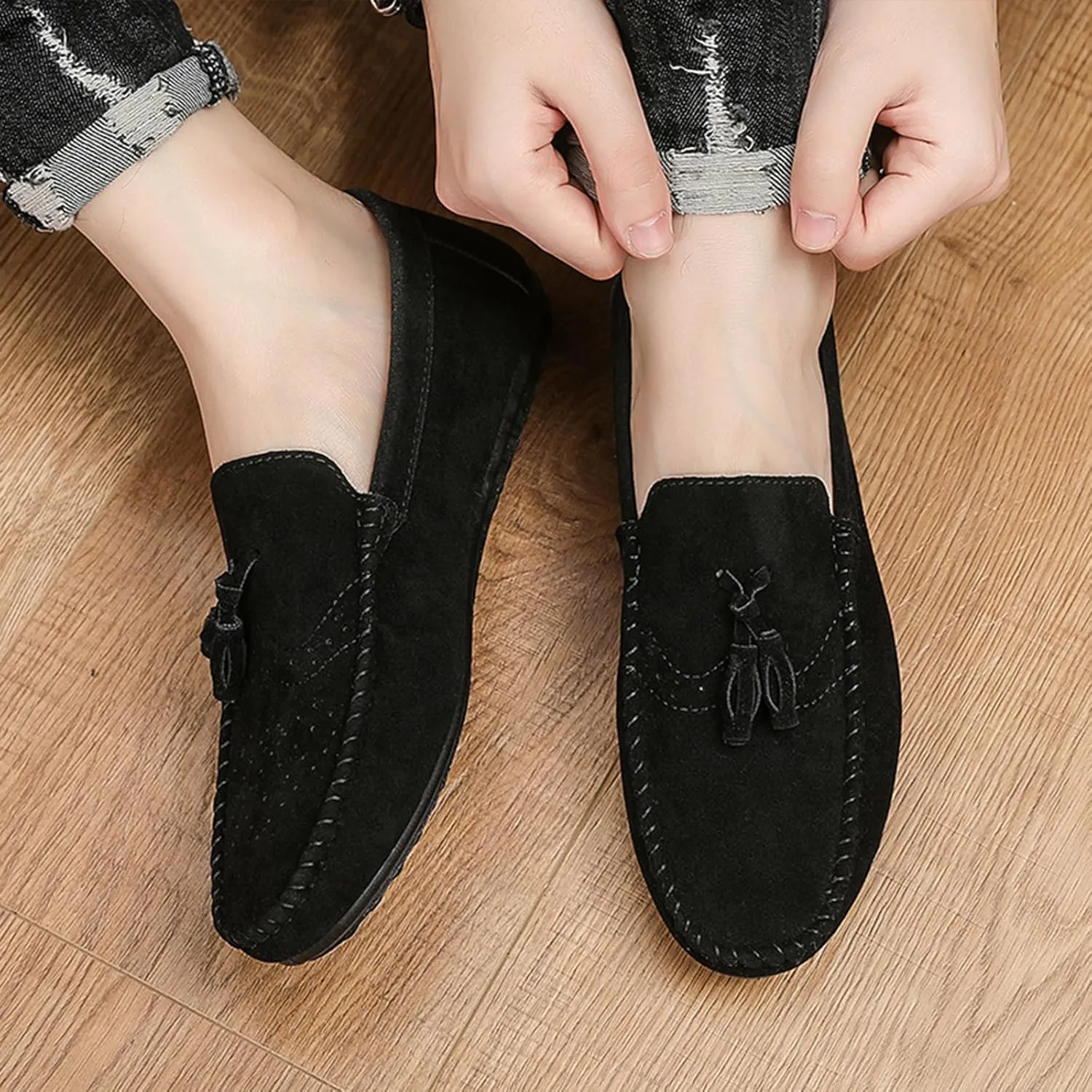 Men's Suede Flat Tassel Loafers Breathable Comfortable Slip On Business Dress Moccasins Casual Driving Walking Penny Loafers