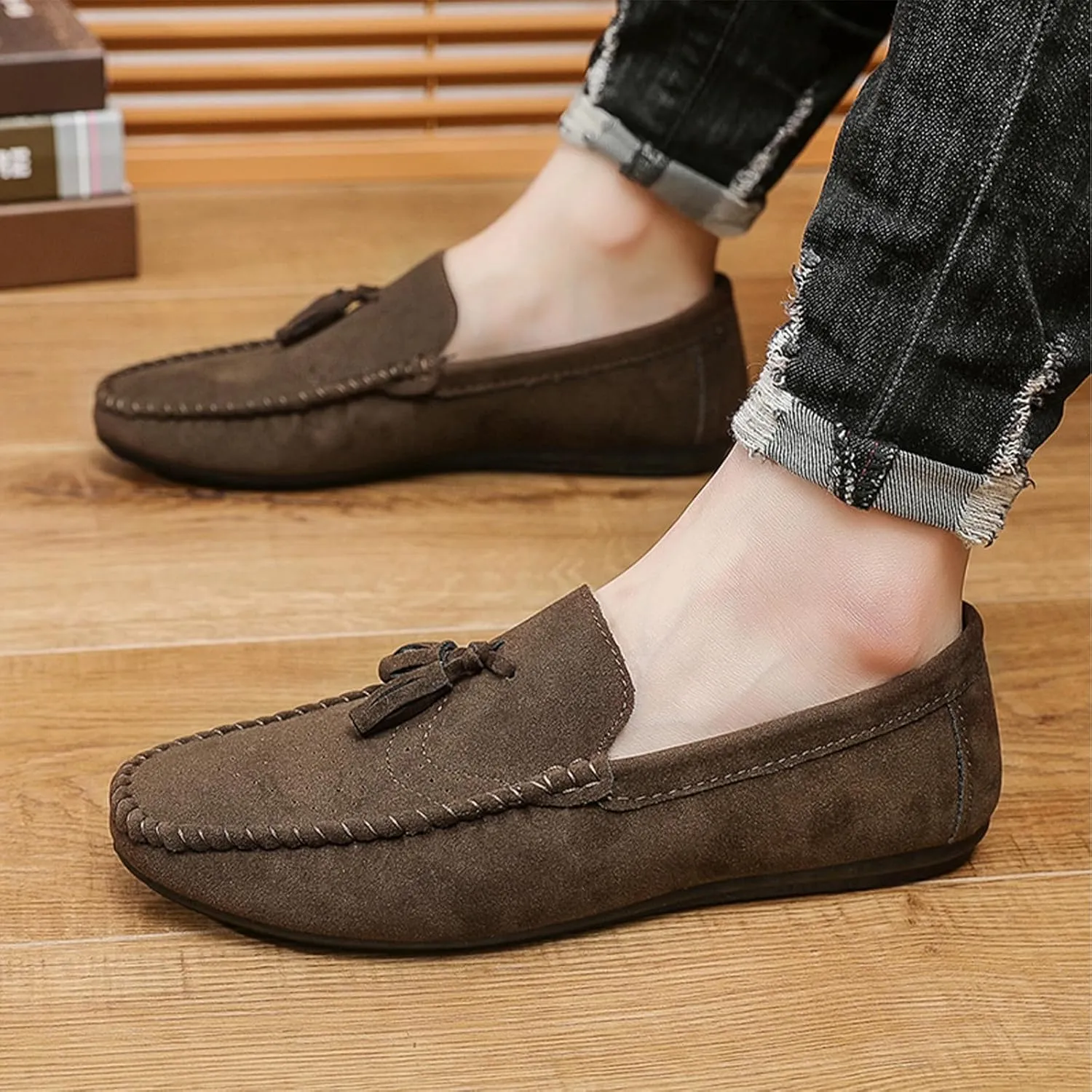 Men's Suede Flat Tassel Loafers Breathable Comfortable Slip On Business Dress Moccasins Casual Driving Walking Penny Loafers