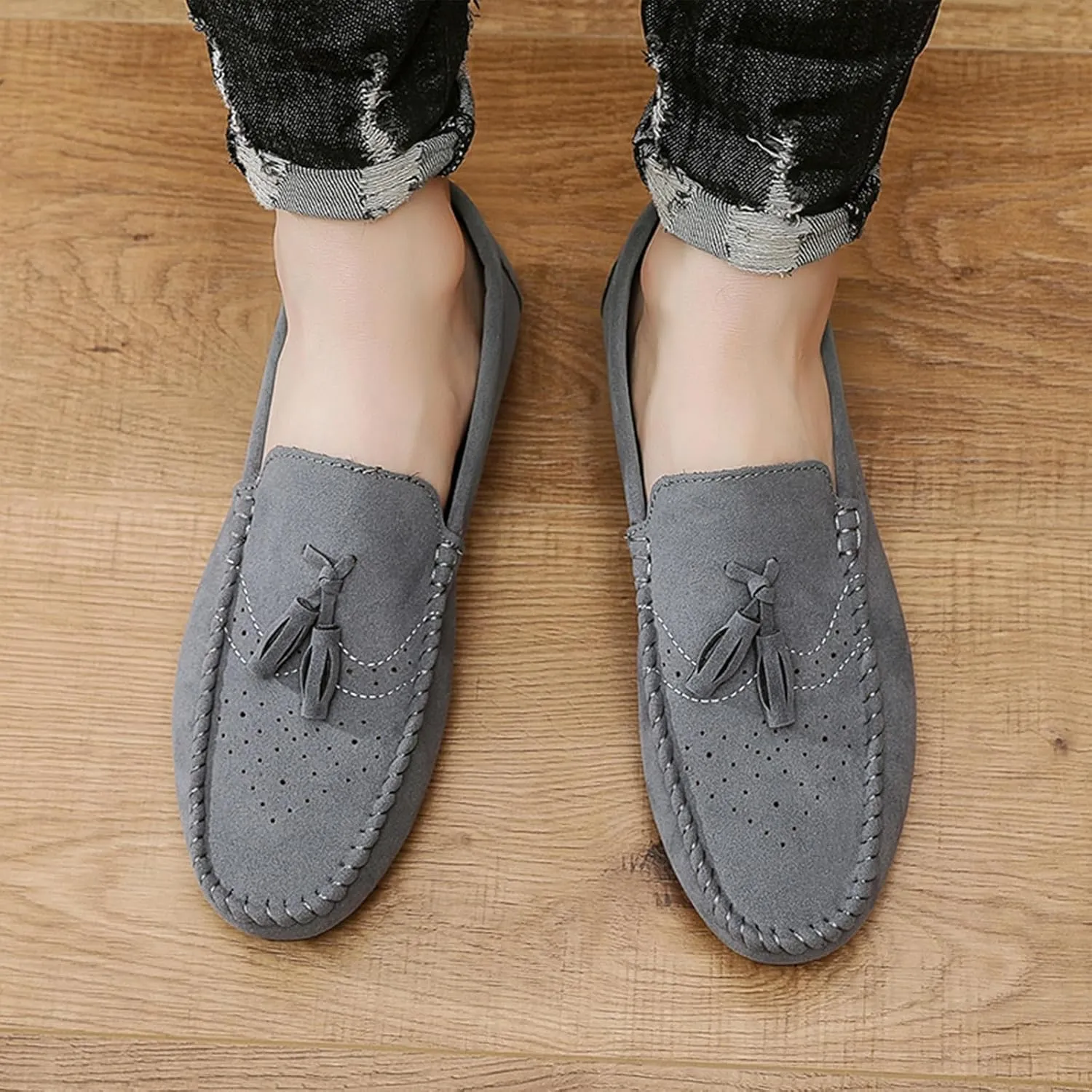 Men's Suede Flat Tassel Loafers Breathable Comfortable Slip On Business Dress Moccasins Casual Driving Walking Penny Loafers