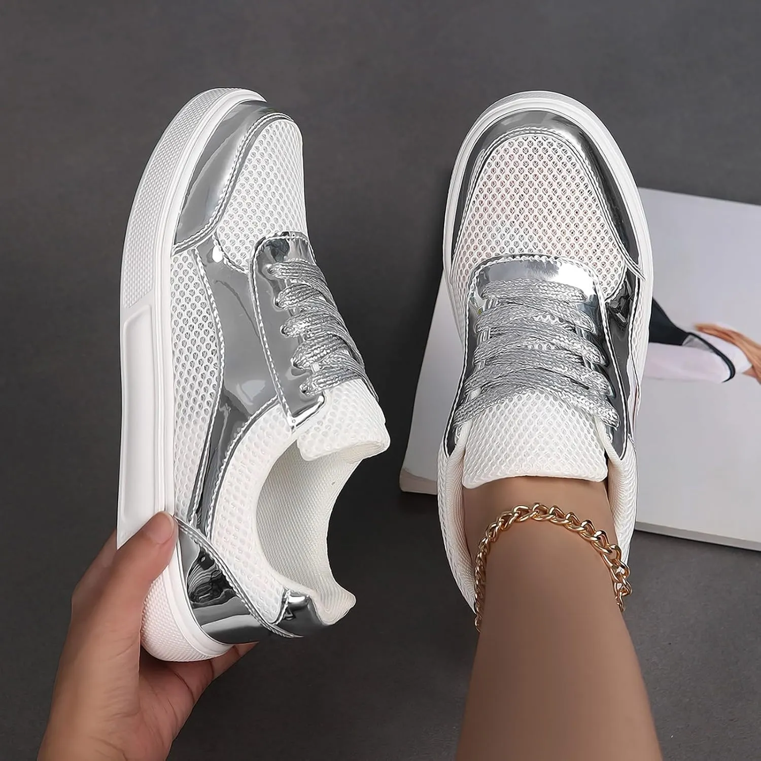 Mesh Light Womens Running Shoes Fashion Breathable Lace up Casual Summer Comfortable Outdoor Flat Bottom Walking Running Sneakers for Ladies