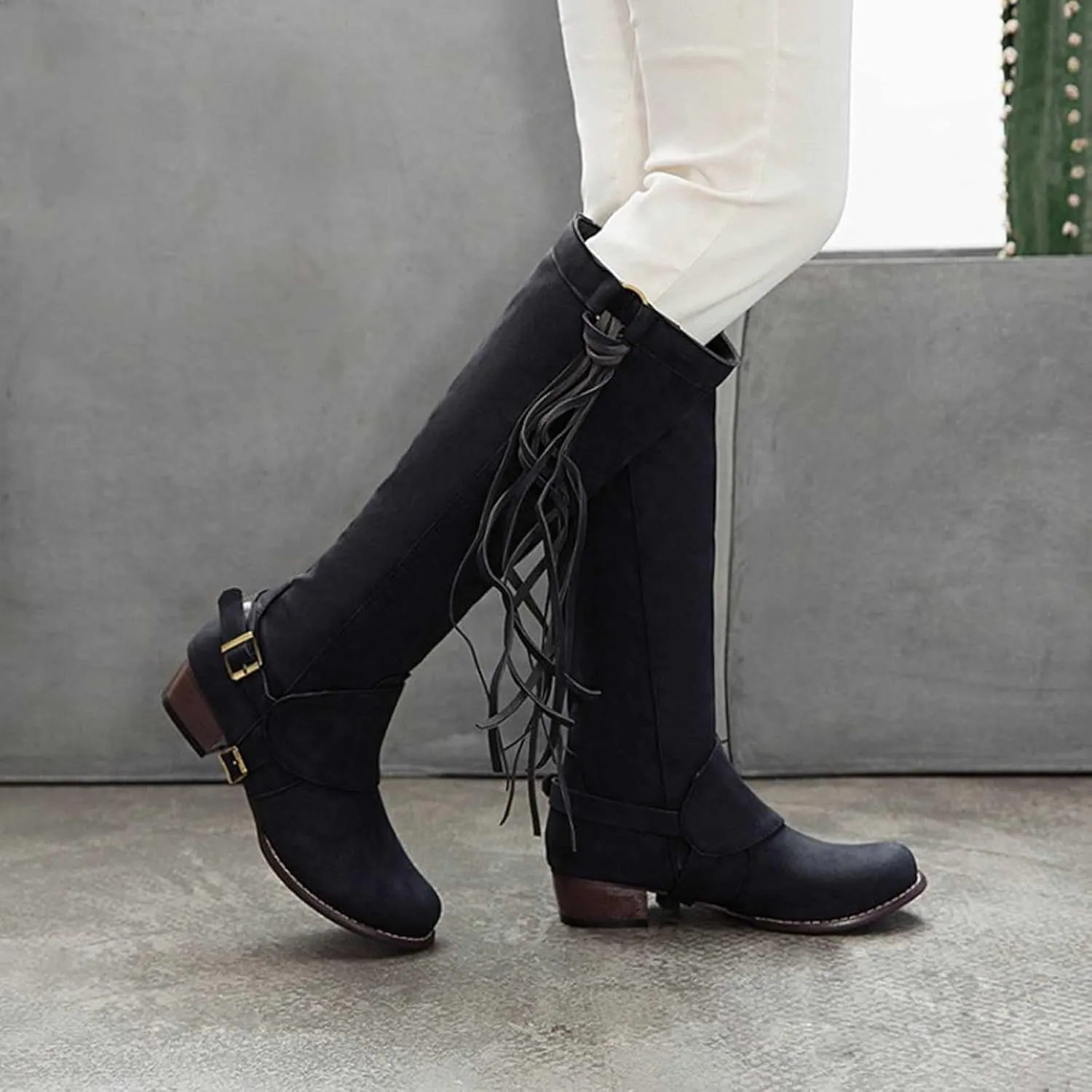 oiangi Boots for Women Knee High - Fashion Buckle Strap Fringed Chunky Low Heel Round Toe High Riding Boots Solid Casual Comfortable Square Heel Shoes