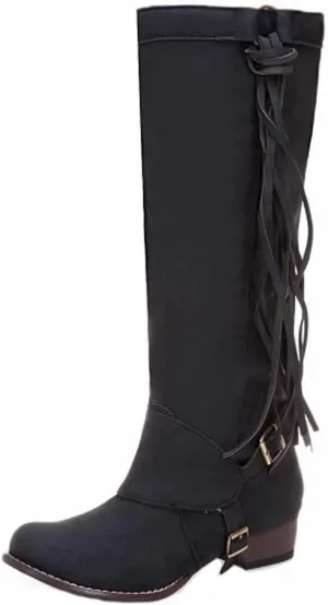 oiangi Boots for Women Knee High - Fashion Buckle Strap Fringed Chunky Low Heel Round Toe High Riding Boots Solid Casual Comfortable Square Heel Shoes