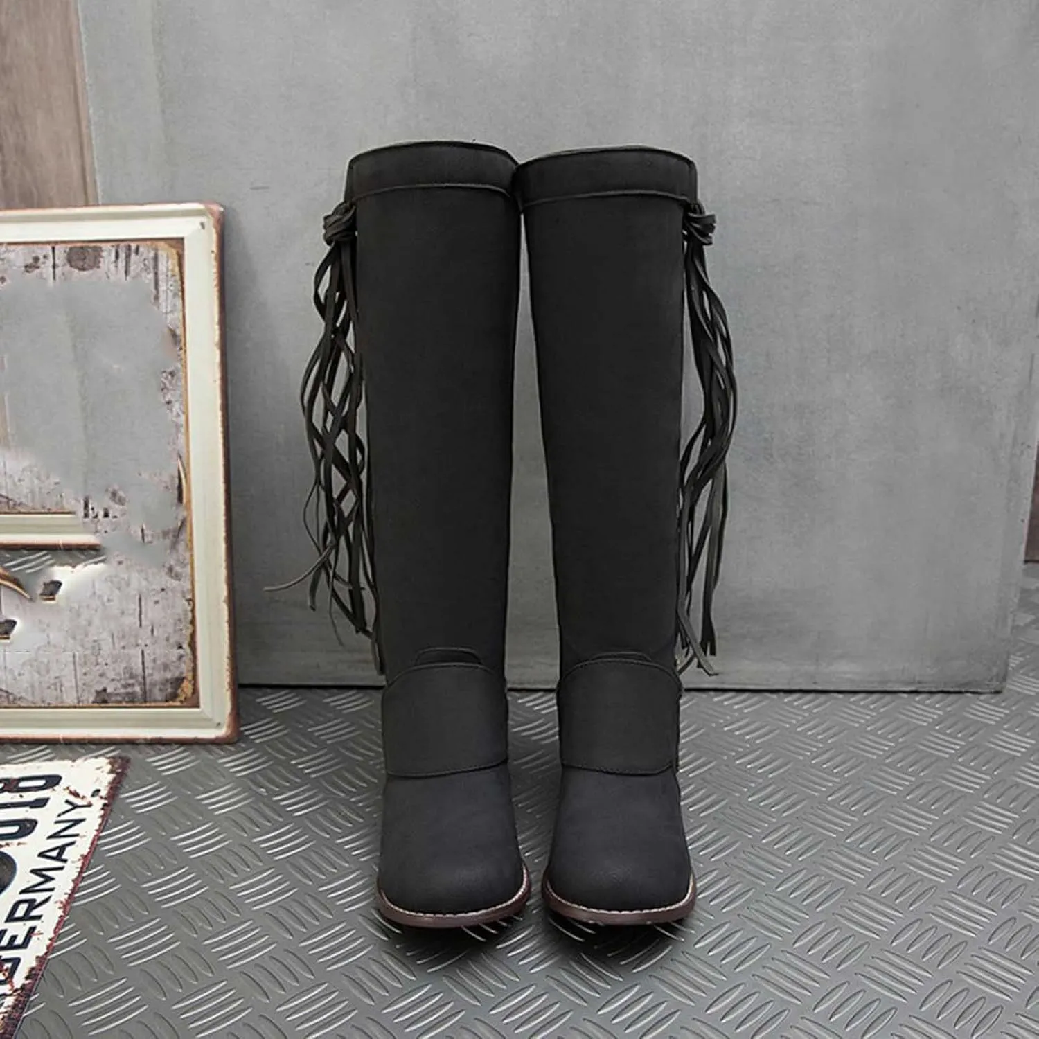 oiangi Boots for Women Knee High - Fashion Buckle Strap Fringed Chunky Low Heel Round Toe High Riding Boots Solid Casual Comfortable Square Heel Shoes