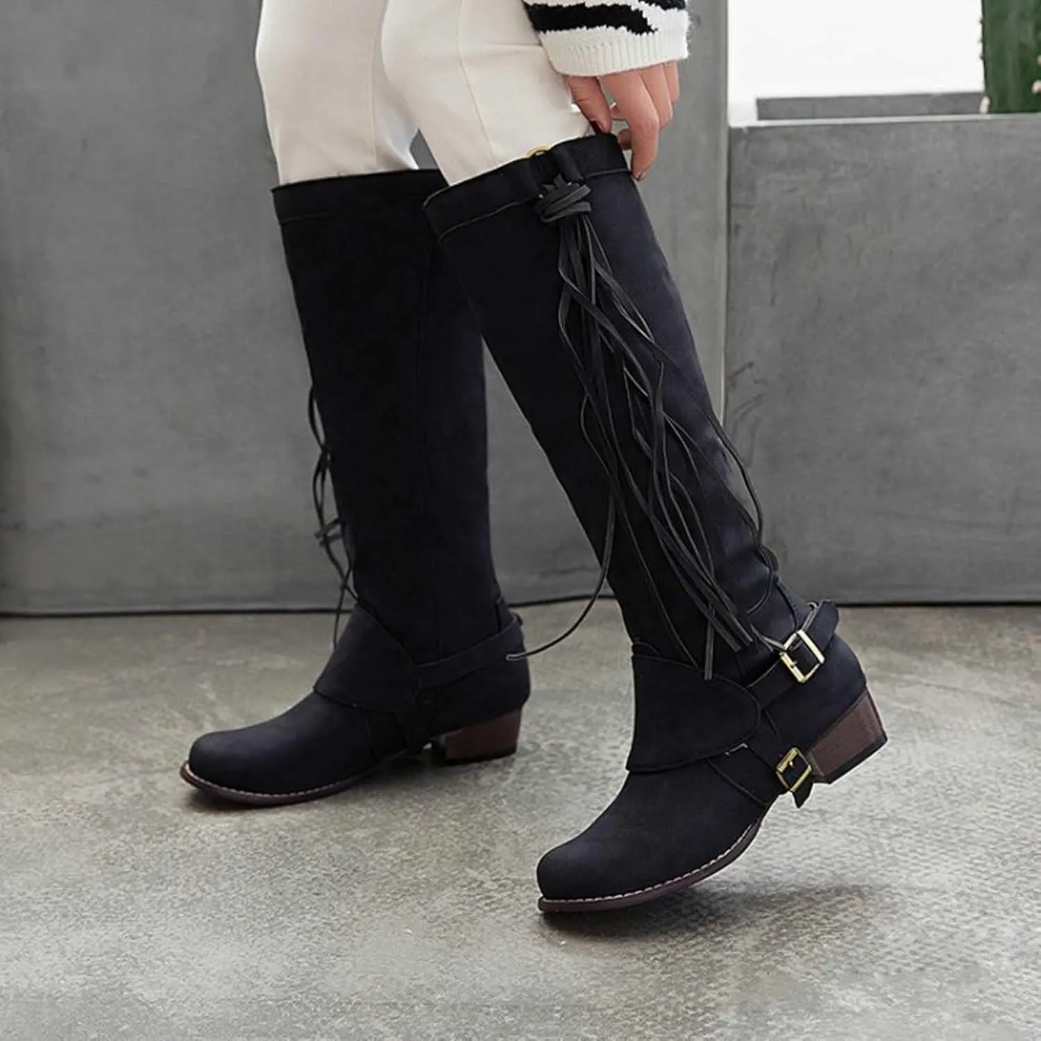 oiangi Boots for Women Knee High - Fashion Buckle Strap Fringed Chunky Low Heel Round Toe High Riding Boots Solid Casual Comfortable Square Heel Shoes