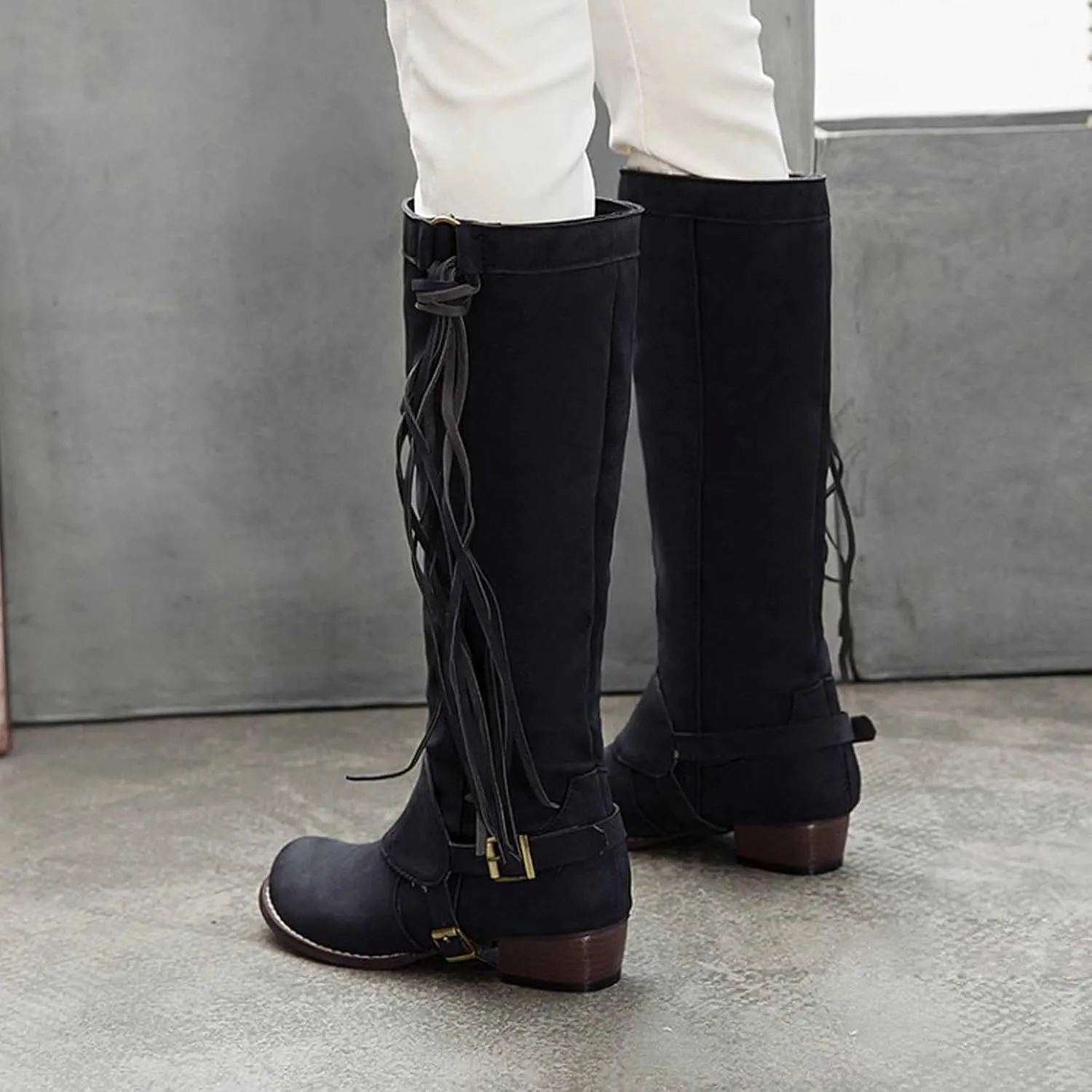 oiangi Boots for Women Knee High - Fashion Buckle Strap Fringed Chunky Low Heel Round Toe High Riding Boots Solid Casual Comfortable Square Heel Shoes
