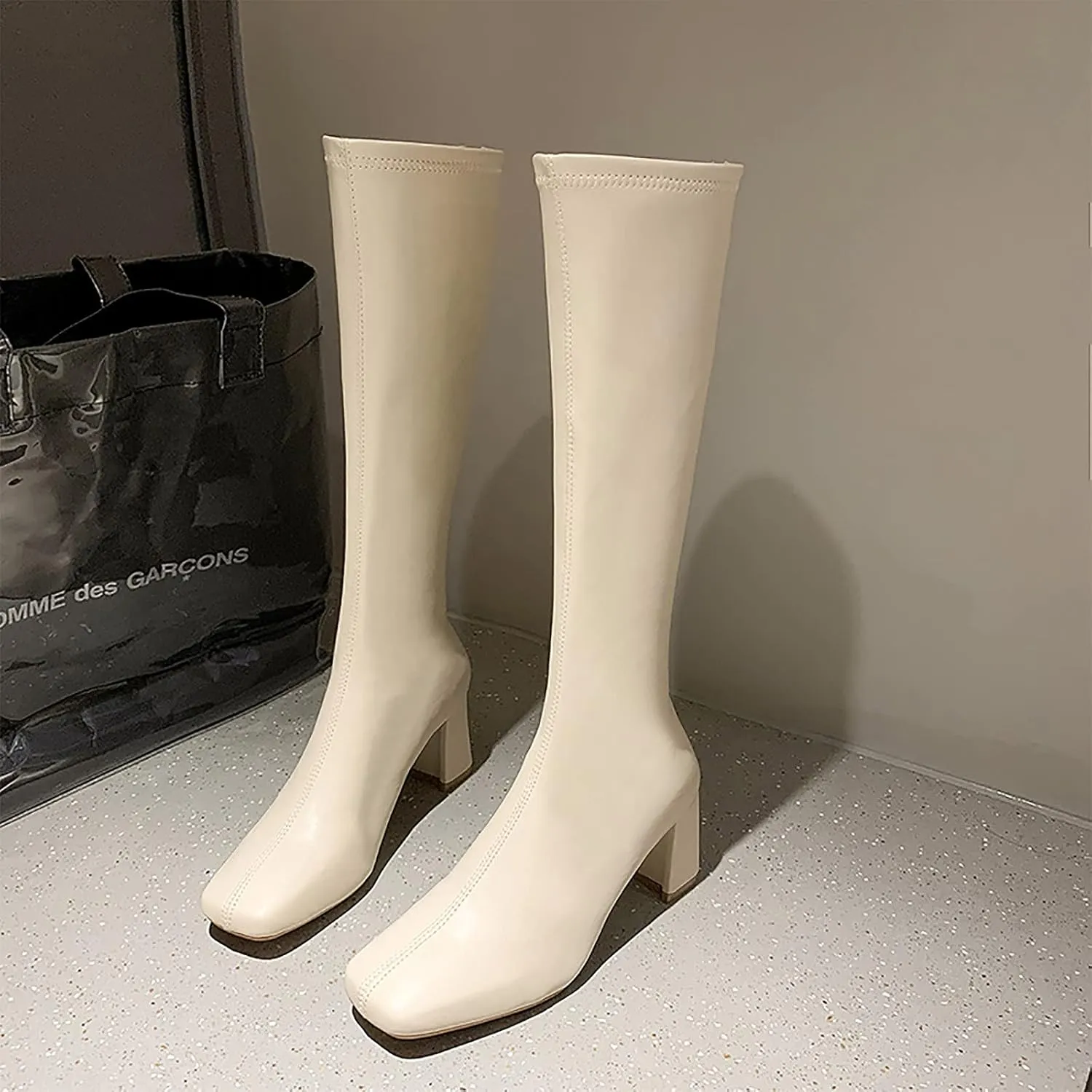 oiangi Square Toe Boots for Womens Fashion Solid Back Zipper Chunky High Heels Mid Calf Boots Winter Comfortable Casual Ladies Long Boots Work Shoes