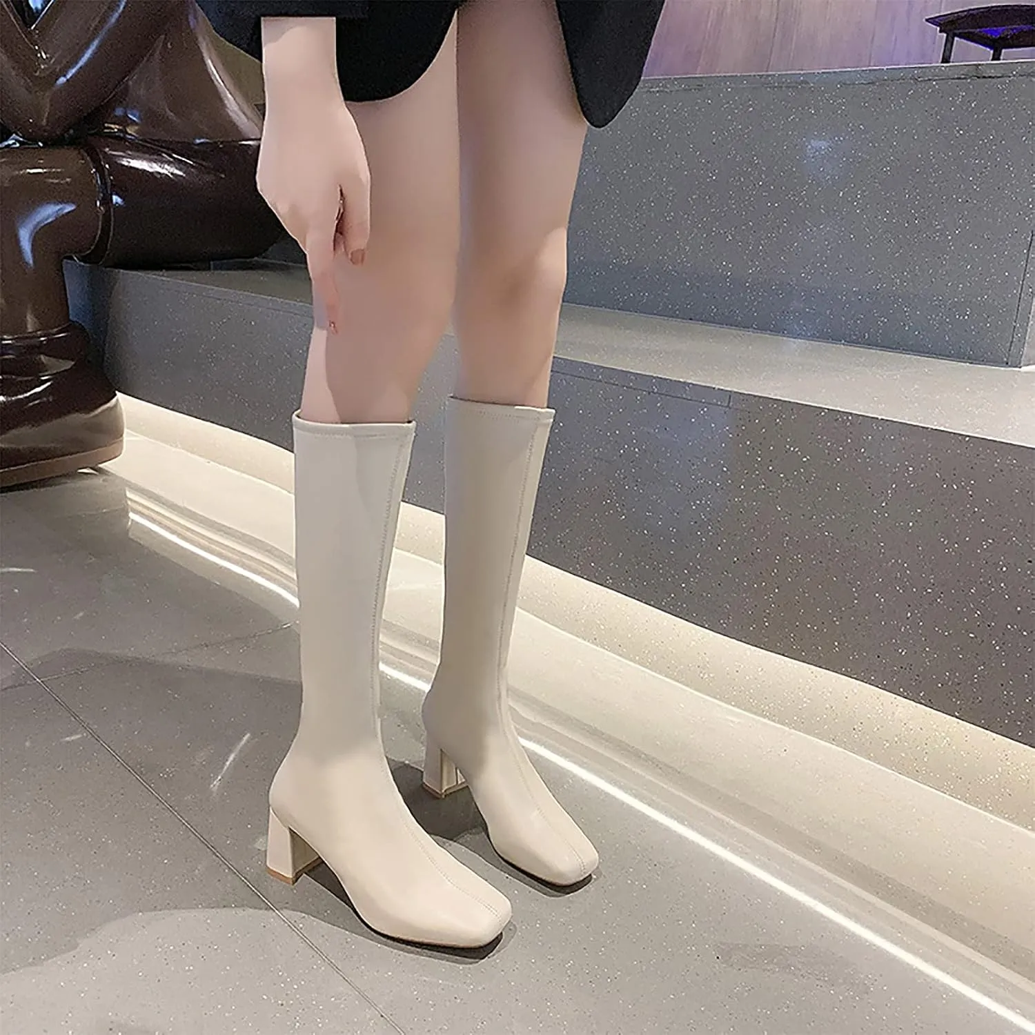 oiangi Square Toe Boots for Womens Fashion Solid Back Zipper Chunky High Heels Mid Calf Boots Winter Comfortable Casual Ladies Long Boots Work Shoes