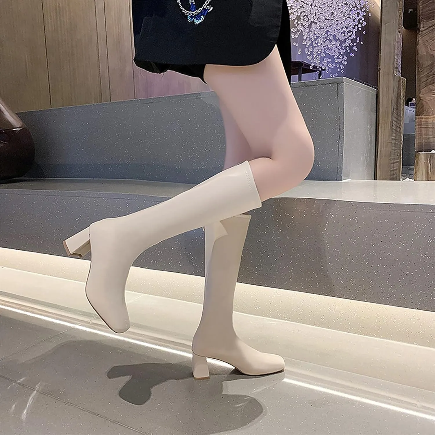 oiangi Square Toe Boots for Womens Fashion Solid Back Zipper Chunky High Heels Mid Calf Boots Winter Comfortable Casual Ladies Long Boots Work Shoes