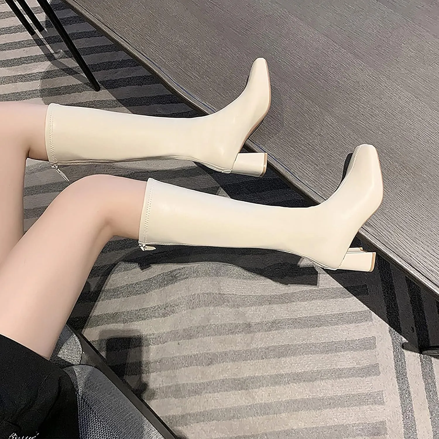 oiangi Square Toe Boots for Womens Fashion Solid Back Zipper Chunky High Heels Mid Calf Boots Winter Comfortable Casual Ladies Long Boots Work Shoes