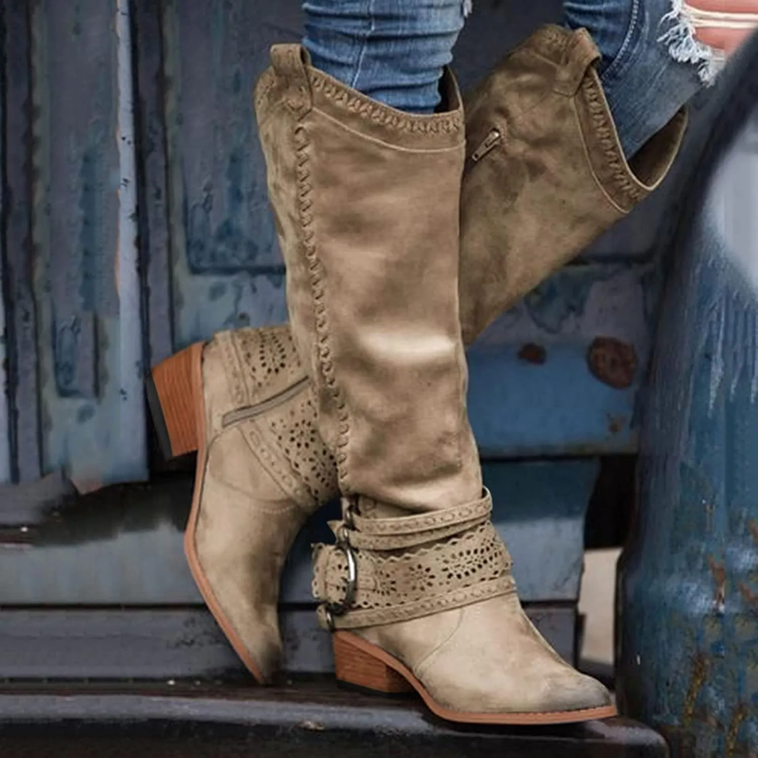oiangi Women Chunky Cowboy Riding Boots Solid Casual Strap Buckle Warm Thick Heel Mid Calf Boots Winter Comfortable Ladies Outdoor Square Heel Shoes