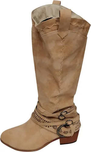 oiangi Women Chunky Cowboy Riding Boots Solid Casual Strap Buckle Warm Thick Heel Mid Calf Boots Winter Comfortable Ladies Outdoor Square Heel Shoes